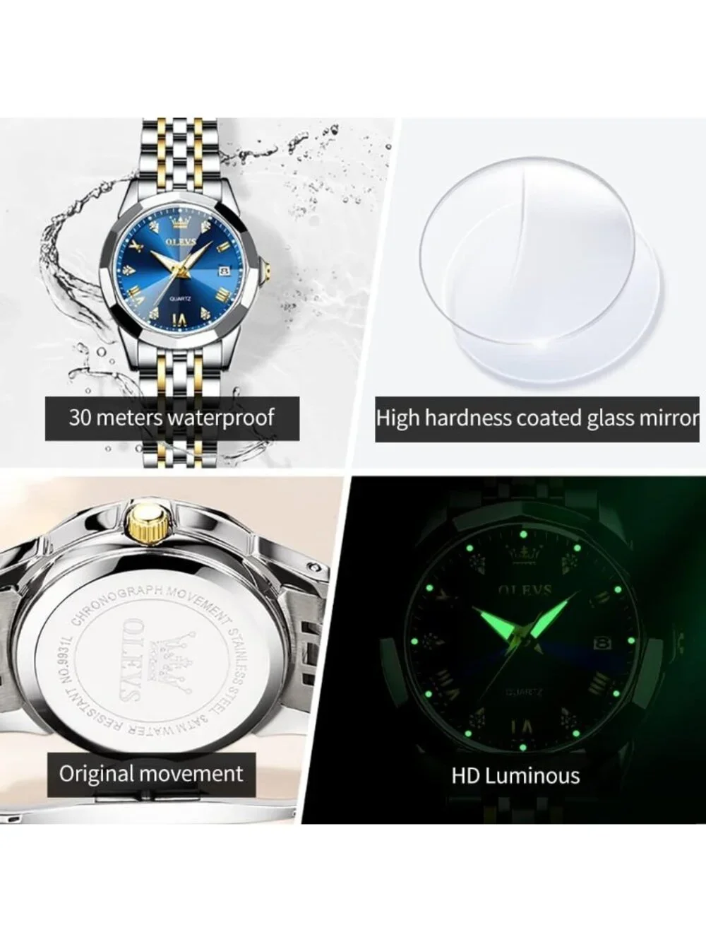 Women's Blue Gold Silver Diamond Analog Stainless Steel Waterproof Wrist Watch